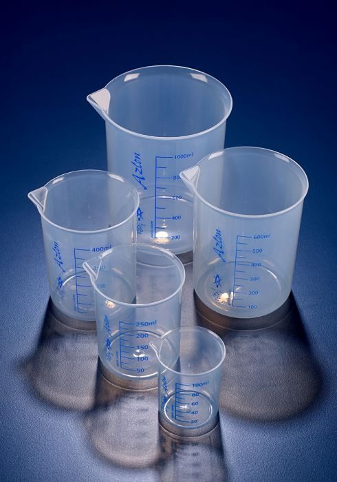 Beakers, low form, printed graduations, polypropylene
