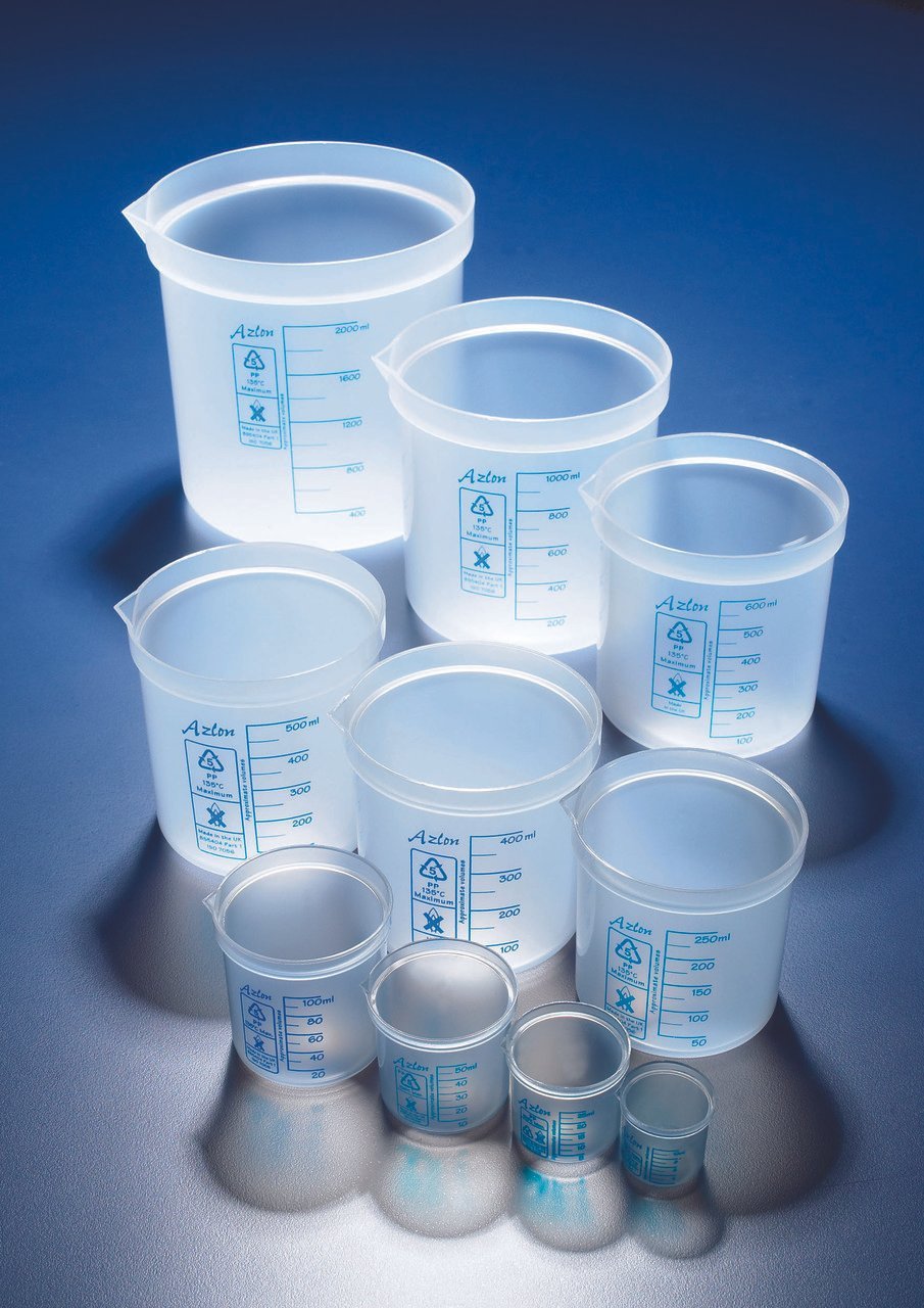Beakers, straight sided, printed graduations, polypropylene