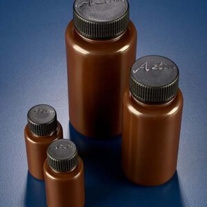 Bottles, round, wide neck, amber, polypropylene