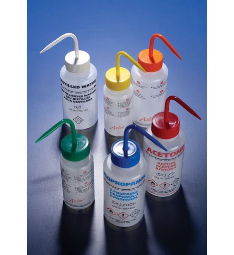 Bottles, wash, multi-lingual, non-venting, wide neck, LDPE